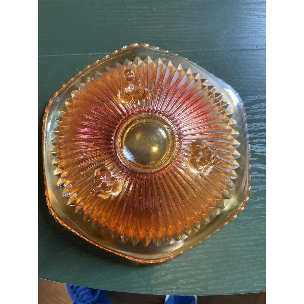 Vintage Jeanette Carnival Glass Anniversary Marigold‎ Three - Footed Bowl